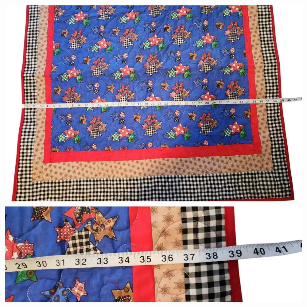 Handmade, New Lap quilt Blue & Red, Stars, Gingham, Wall Hanging, decor